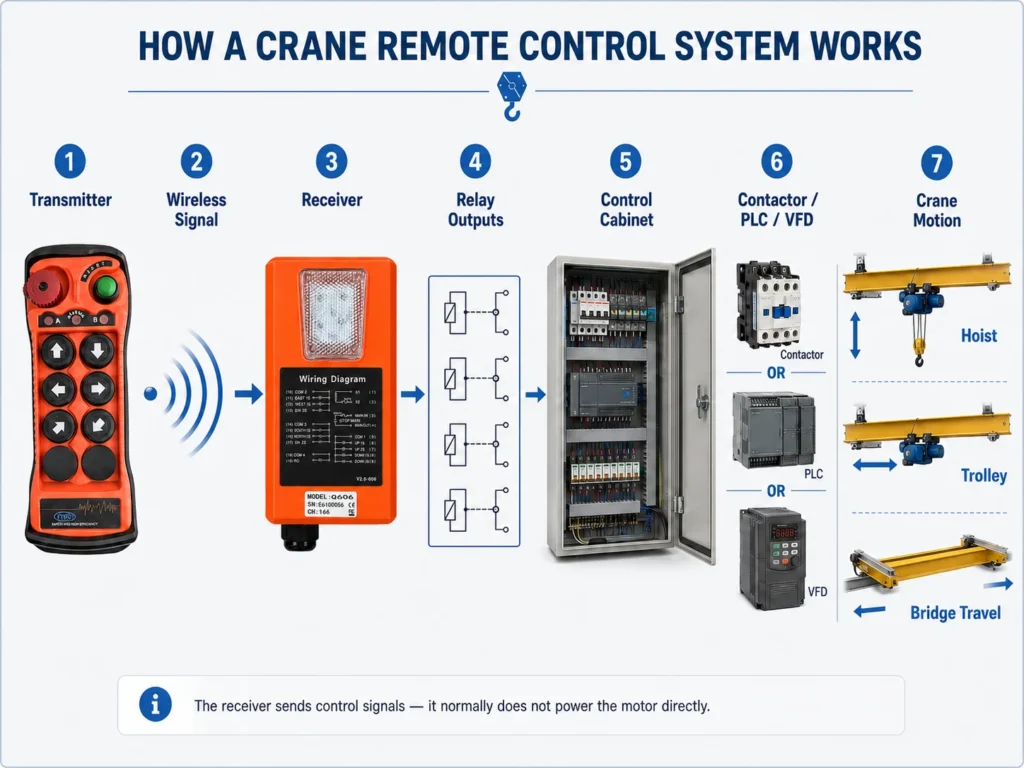 crane remote control signal flow from transmitter to receiver control panel and crane motion