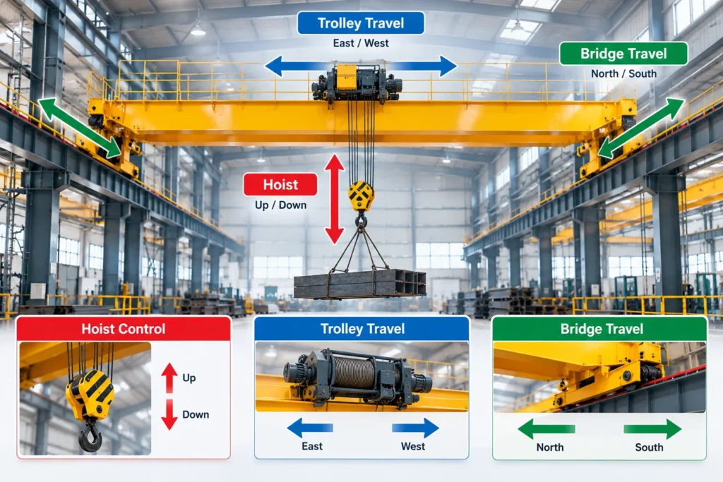 overhead crane hoist trolley and bridge movement controls